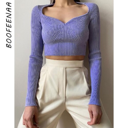 BOOFEENAA Sexy Fitted V Neck Woman Sweaters Fall 2020 Women Clothing Knitted Sweater Pullover Crop Tops Dropshipping C76-CC21