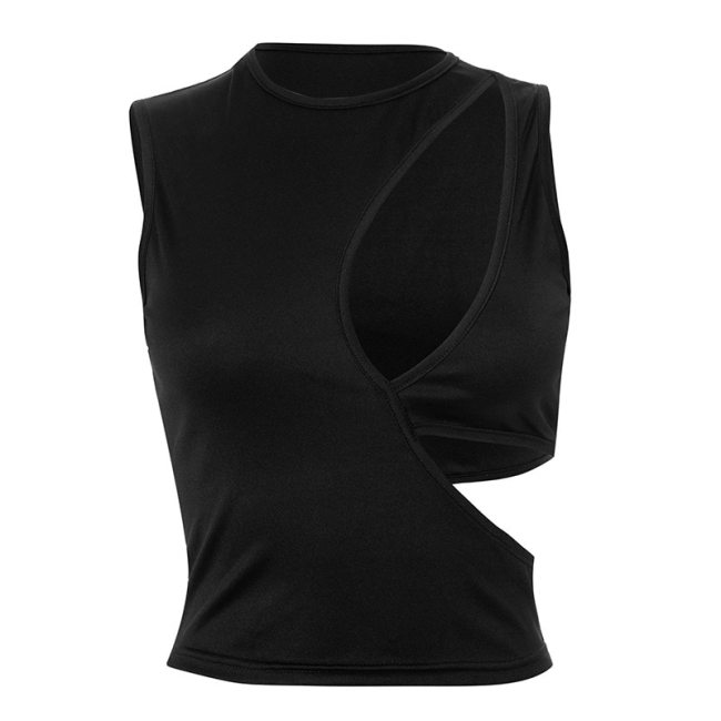 BOOFEENAA Asymmetrical Cutout Crop Top Sexy Streetwear Round Neck Sleeveless Tshirt Fake Two Piece Vest Black Tank Tops C85-AH10