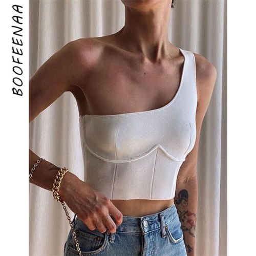 BOOFEENAA Sexy One Shoulder Tank Top White Black 2021 Summer Tops Women Clothes Club Wear Bustier Crop Tops Y2k Shirt C68-AI11