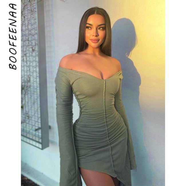 BOOFEENAA Sexy Long Sleeve Dresses for Women 2021 Spring Elegant Low Cut Asymmetric Hem Bodyocn Dress Club Wear C85-BZ21
