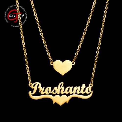 Goxijite Name Heart 2 Layer Necklace Personalize Stainless Steel Gold Doule Layer First Name Pendant Necklaces For Women Lover