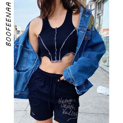 BOOFEENAA Contrast Stitch Irregular Crop Top 2021 Summer Clothes Women Vest Black White Ribbed Knitted Tank Tops C15-AE10