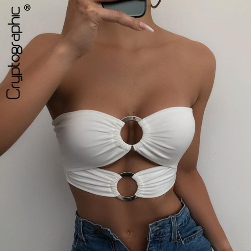 Cryptographic Sexy Strapless Rings Cut Out Crop Tops for Women Fashion Chic Sleeveless Backless Cropped Top Short Summer 2021