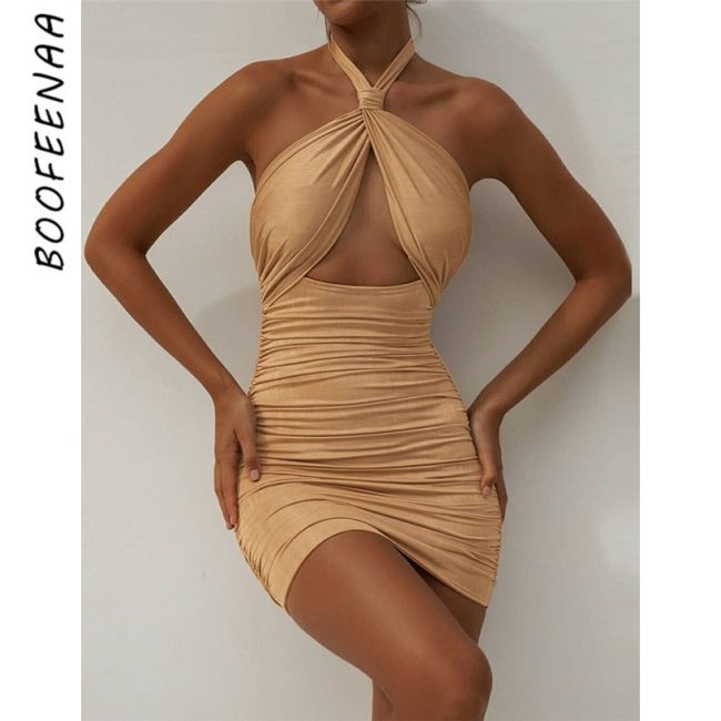 BOOFEENAA Sexy Solid Bodycon Dresses for Women Party Night Club Wear Hollow Ruched Backless Halter Bandage Mini Dress C83-BF20