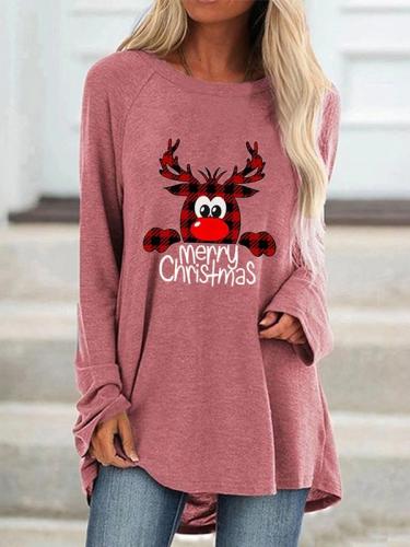 Women O-Neck Christmas Crab Print Loose Long Sleeve Mid-length T-shirt