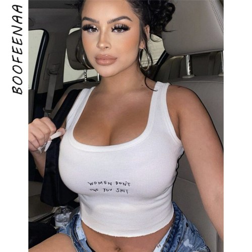 BOOFEENAA Slogan Embroidery White Ribbed Crop Top Streetwear 2021 Fashion Women Clothing Summer Indie Tank Tops C87-AF10