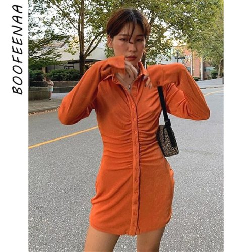 BOOFEENAA Solid Button Up Long Sleeve Shirt Dress for Woman Casual Sexy Mini Dresses Elegant Vestidos Green Orange C92-DD35