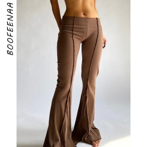 BOOFEENAA Sexy Low Waist Flare Pants Brown Y2k Style Contrast Stitch Knitted Wide Leg Pants Womens Summer Bottoms C95-CG30