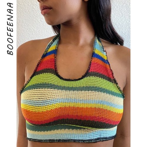 BOOFEENAA Sexy Colorful Stripe Printed Knit Crop Tank Top Woman's Summer Clothes Y2k 2000s Aesthetic Backless Halter Top C87AF10