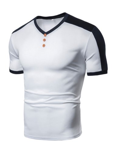 Men's Patchwork V-neck Small Buckle Casual T-shirt