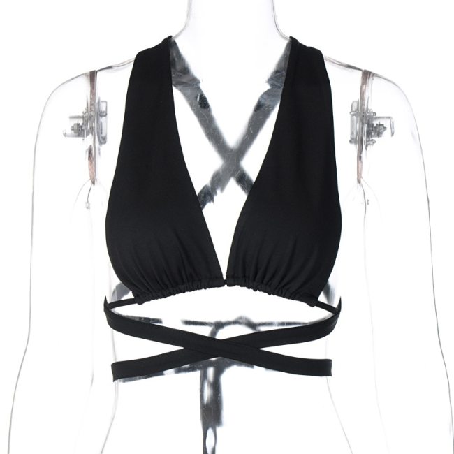 BOOFEENAA Sexy Bralette Crop Tops for Women Party Club Wear White Black Cross Halter Open Back Bandage Tank Top C16-AE10