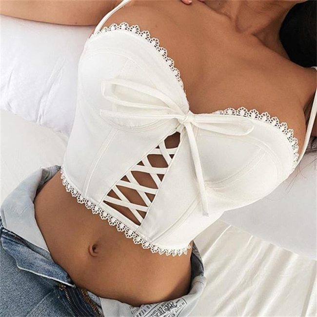 BOOFEENAA White Bustier Crop Top Women Sexy Clubwear Summer 2020 Lace Hollow Backless Camis Spaghetti Strap Tank Tops C71-I97