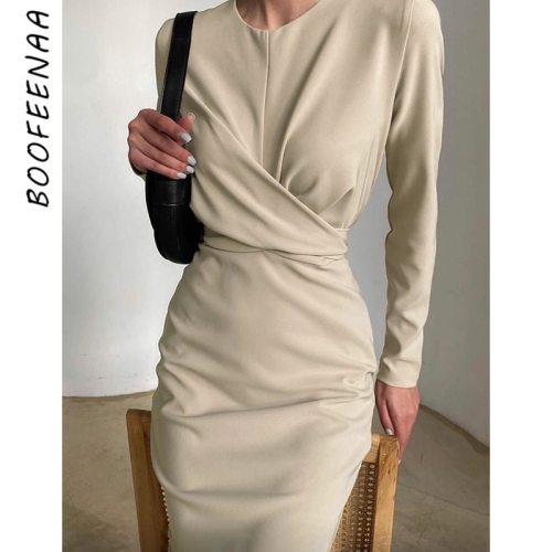 BOOFEENAA Solid Long Sleeve Midi Dresses for Women 2021 Spring Elegant Work Office Ladies Pencil Dress C69-BC27