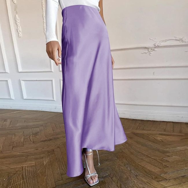 BOOFEENAA Solid Color High Waist Long Skirt Elegant Fashion Women Clothing Sexy Satin A Line Maxi Skirts Faldas Largas C66-CI16
