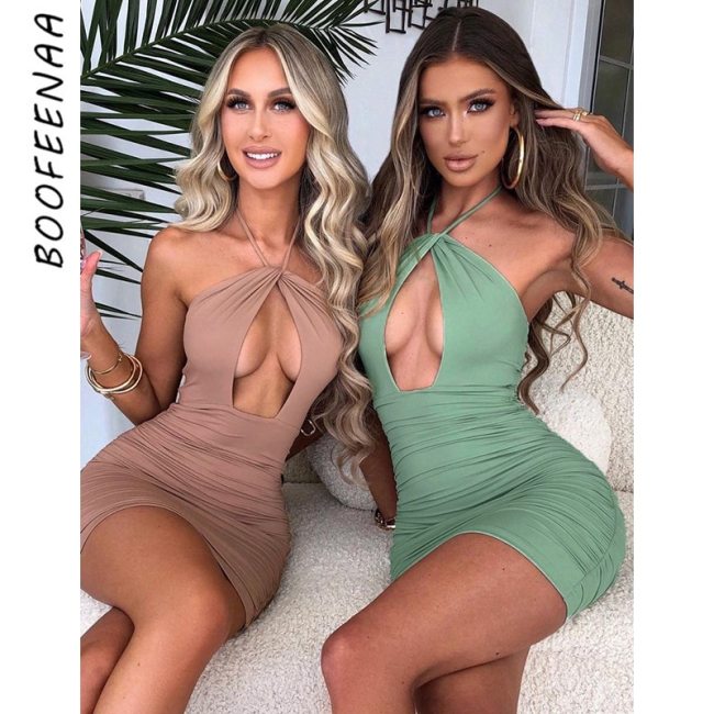 BOOFEENAA Sexy Hollow Cross Halter Top Bodycon Mini Dresses for Women Party Birthday Club Outfits Solid Color Sundress C83-BB18