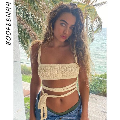 BOOFEENAA Sexy Knit Tank Top Summer Clothes 2021 Backless Tie Up Bandage Tops for Women Vacation Club Wear C83-BG16