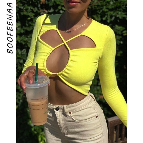 BOOFEENAA Yellow Hollow Out Long Sleeve Crop Top Sexy Blouse Fall 2021 Street Fashion T Shirts for Women Clubwear C83-BC15