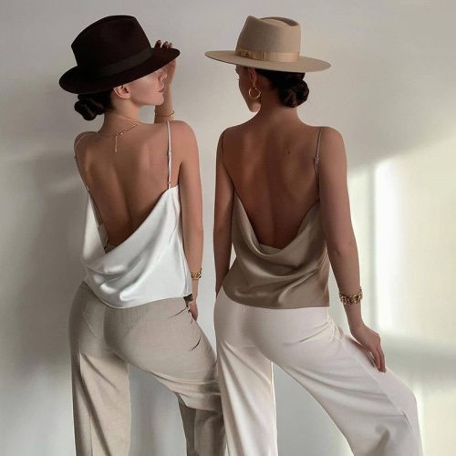 Cryptographic Chic Fashion Straps Sexy Backless Crop Tops Women Club Party Silky Sleeveless Top Cropped Elegant 2021 Summer
