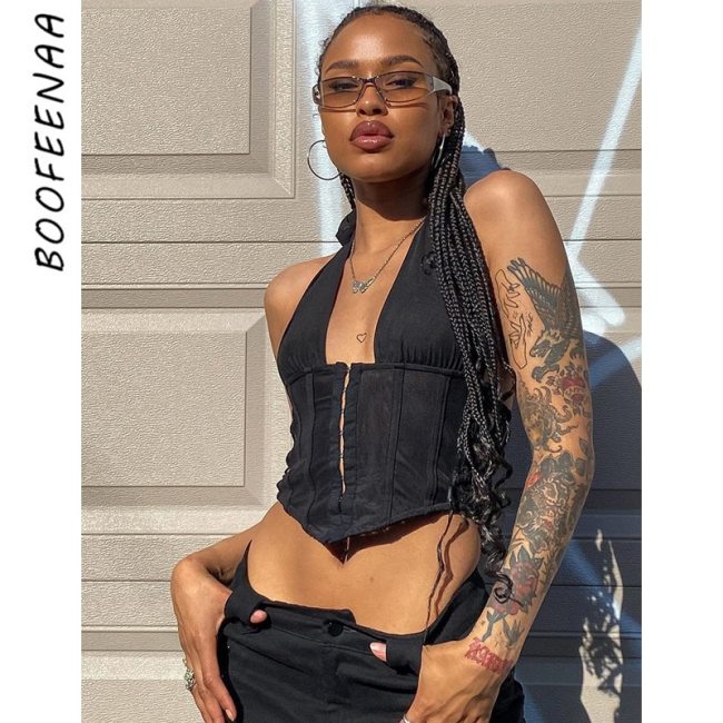 BOOFEENAA Sexy Cropped Corset Womens Summer Shirts Fishbone Backless Halter Tank Top Black Wholesale Women Clothing C96-BG11