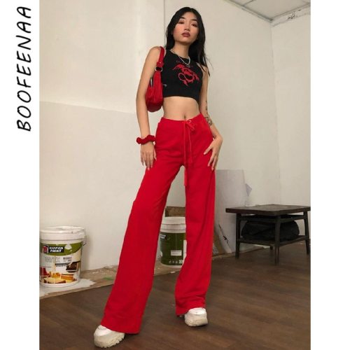 BOOFEENAA High Waist Wide Leg Pants Women Streetwear Letter Embroidery Velvet Red Black Sweatpants Harajuku Trousers C94-AC97