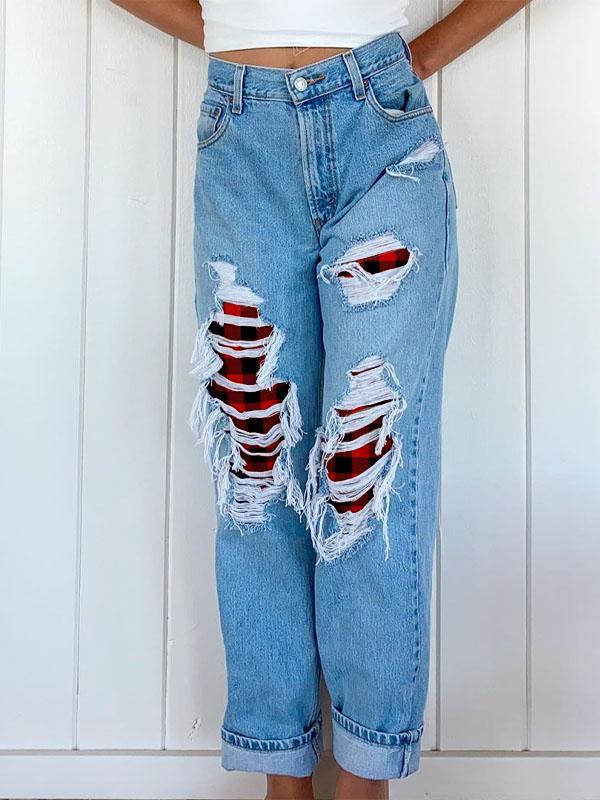 Women's Red Plaid Ripped Jeans