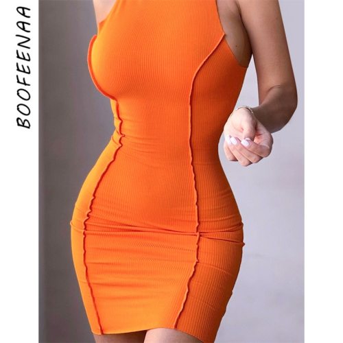 BOOFEENAA Solid Color Knitted Business Chic Dress Orange Black White Basic Sexy Curve Sleeveless Bodycon Mini Dresses C85-BB16