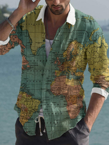 men's casual shirt map print shirt