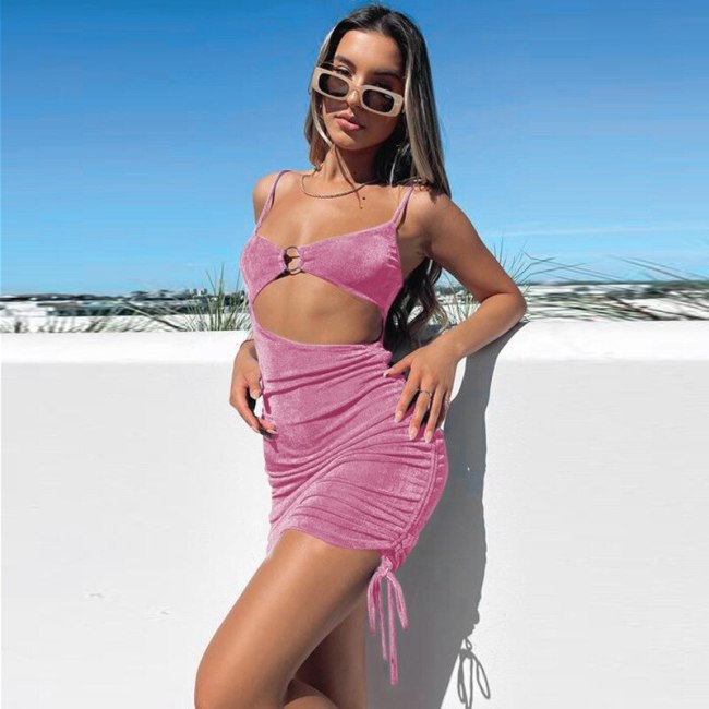 BOOFEENAA Sexy Summer Bodycon Dresses for Women 2021 Vacation Outfits Clubwear O Ring Cut Out Spaghetti Strap Mini Dress C76BH21