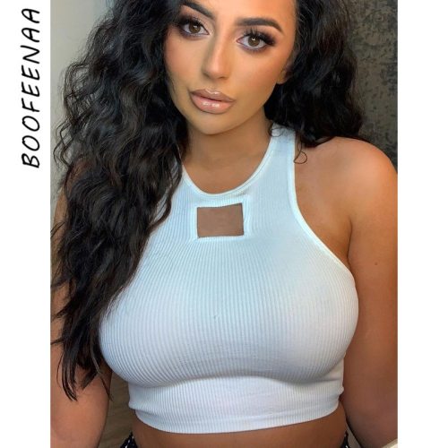 BOOFEENAA Sexy Hollow Out Ribbed Cropped Tank Tops Summer 2021 Athleisure Fashion White Crop Top Women Club Wear C76-AF10