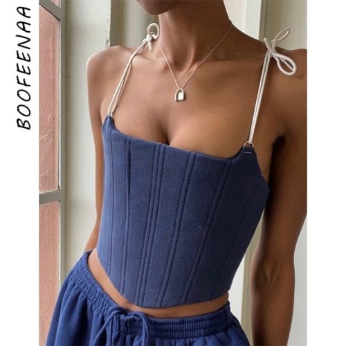 BOOFEENAA Sexy Vintage Corset Bustier Tops To Wear Out Women 2020 Y2k Camisole Solid Spaghetti Strap Crop Tank Top C87-BZ11