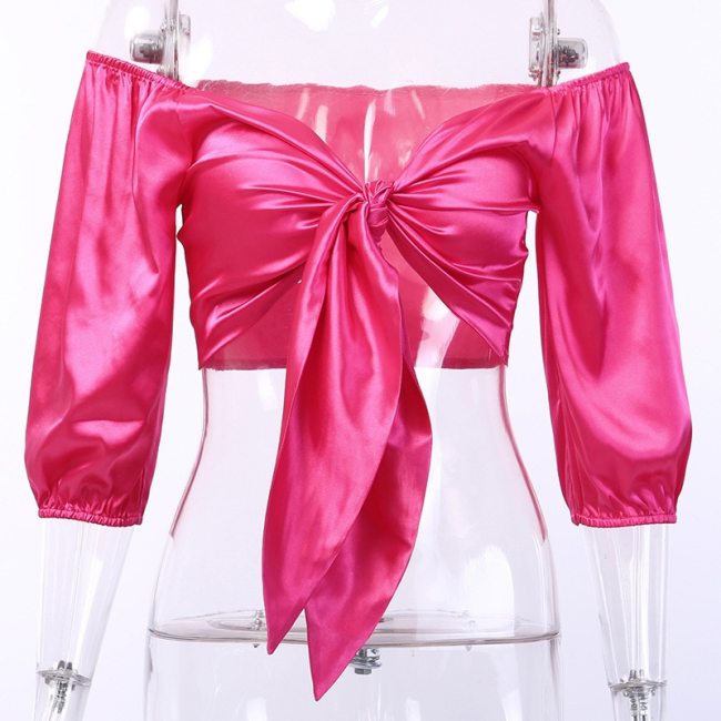 Cryptographic satin bow blouse shirts short slash neck slim sexy crop top cropped shirts lantern sleeve womens tops and blouses