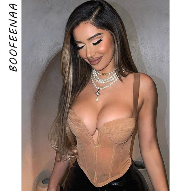 BOOFEENAA Sexy Sheer Mesh Boustier Corset Top Club Vintage Clothes Fishbone Backless Square Neck Crop Tank Tops C85-CZ10