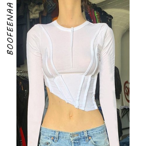 BOOFEENAA Asymmetric Hem Ribbed Long Sleeve Crop Tops Women Clothes Sexy Fitted Y2k T Shirts White Black Spring 2021 C83-BC17
