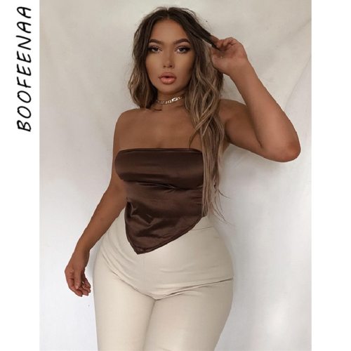 BOOFEENAA Sexy Satin Crop Tops for Women Trendy Clothes Bow Tie Backless Tube Tank Top 2021 Women Tops and Bloues C83-AF10