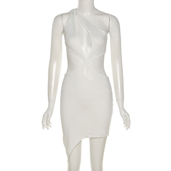 BOOFEENAA Sexy Bodycon Dress Asymmetric Hollow Out Open Back One Shoulder Mini Dress Clubwear Party Dresses Women C83-BZ14