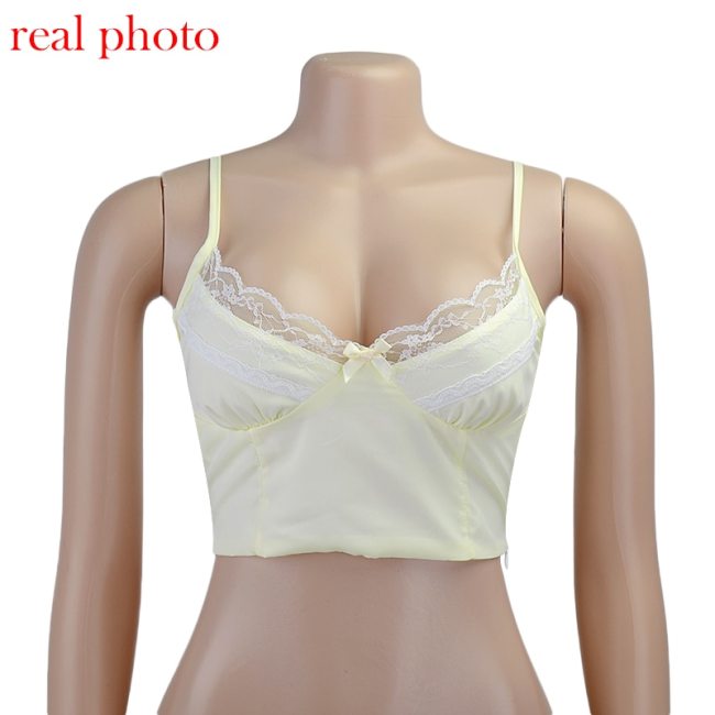 Cryptographic Yellow Satin Lace Crop Top Sexy Sleeveless Cami Backless Cute Y2K Female Top Vest Cropped Tops Clothes