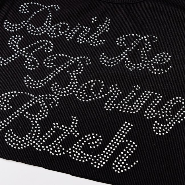 BOOFEENAA Sexy Cute Tank Tops for Women Clubwear Glitter Rhinestone Letter Black Rib Knit Crop Tops Summer Y2k Clothes C95-AH10