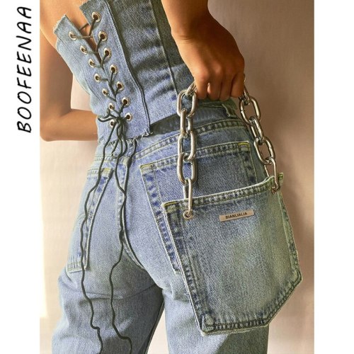 BOOFEENAA Blue Denim Corset Top Woman Jeans Strapless Crop Tank Tops Streetwear Women Backless Lace Up Tube Top Clubwear C83DH19