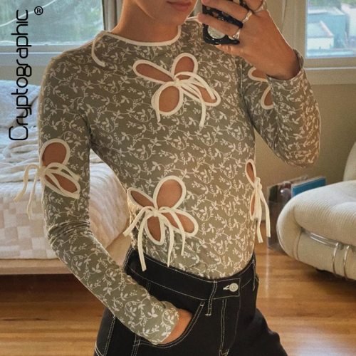 Cryptographic Chic Fashion Print Long Sleeve Butterfly Hollow Out Tie Front Women's Top Cropped Top T-Shirts Streetwear Clothes