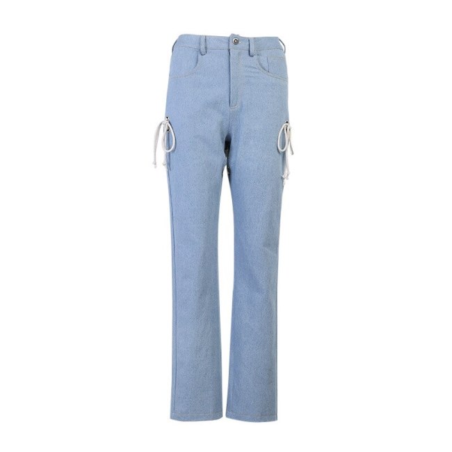 BOOFEENAA Sexy Cutout Tie Up Mom Jeans Woman Streetwear High Waist Blue Denim Straight Trousers Y2k Pants Spring 2021 C69-GZ66