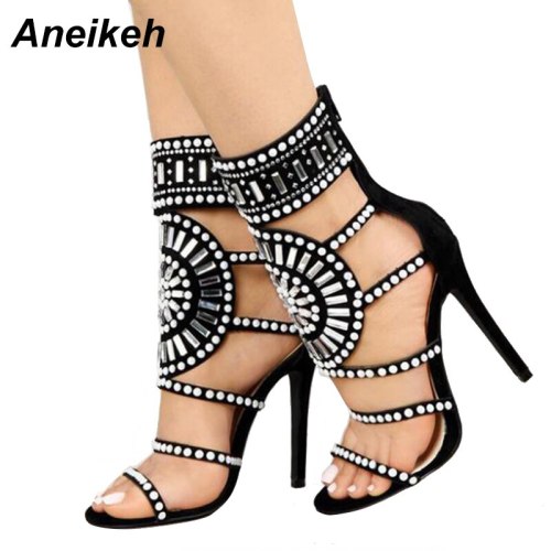 Aneikeh Women Fashion Open Toe Rhinestone Design High Heel Sandals Crystal Ankle Wrap Glitter Diamond Gladiator Black Size 35-42