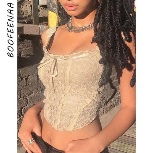 BOOFEENAA Sexy Retro Bow Lace Corset Top Fairy Core Aesthetic Backless Square Neck Crop Top Women Summer Tank Tops C69-CD10