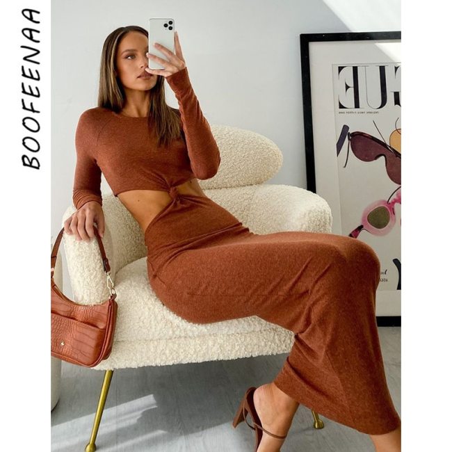 BOOFEENAA Sexy Twist Front Cutout Long Sleeve Bodycon Dresses for Women 2021 Fall Winter Fashion Elegant Knit Maxi Dress C66CI33