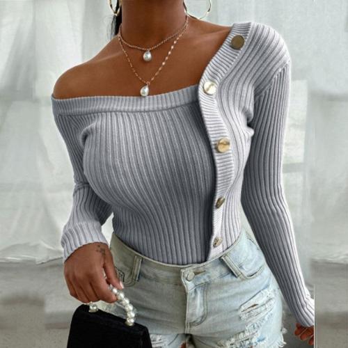 Sexy off-shoulder irregular stitching button threaded long-sleeved sweater