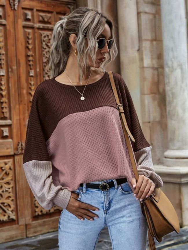 Color contrast round neck long sleeve women's top