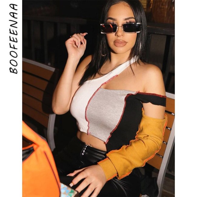 BOOFEENAA Woman Tshirts Streetwear Sexy Contrast Stitch Color Block Patchwork One Shoulder Knitted Y2k Crop Tops C15-BC14