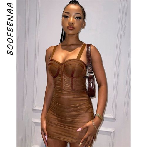 BOOFEENAA See Through Mesh Ruched Bodycon Dresses for Women Party Night Out Clubwear Corset Top Mini Dresss Brown C85-CD13