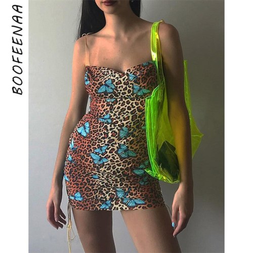 BOOFEENAA Butterfly Leopard Print Sexy Summer Dress 2020 Backless Spaghetti Strap Bodycon Mini Dresses Club Wear C94-AZ43