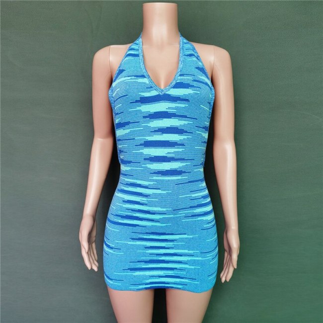 BOOFEENAA Vacation Knitted Open Back Halter Mini Dress Summer Clothes for Women Clubwear Beach Bodycon Tank Dresses C88-DB22