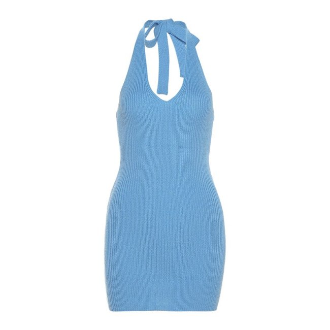 BOOFEENAA Sexy V Neck Backless Halter Bodycon Dress Cute Summer Outfits for Women Casual Knitted Mini Dresses Clubwear C71-CG23